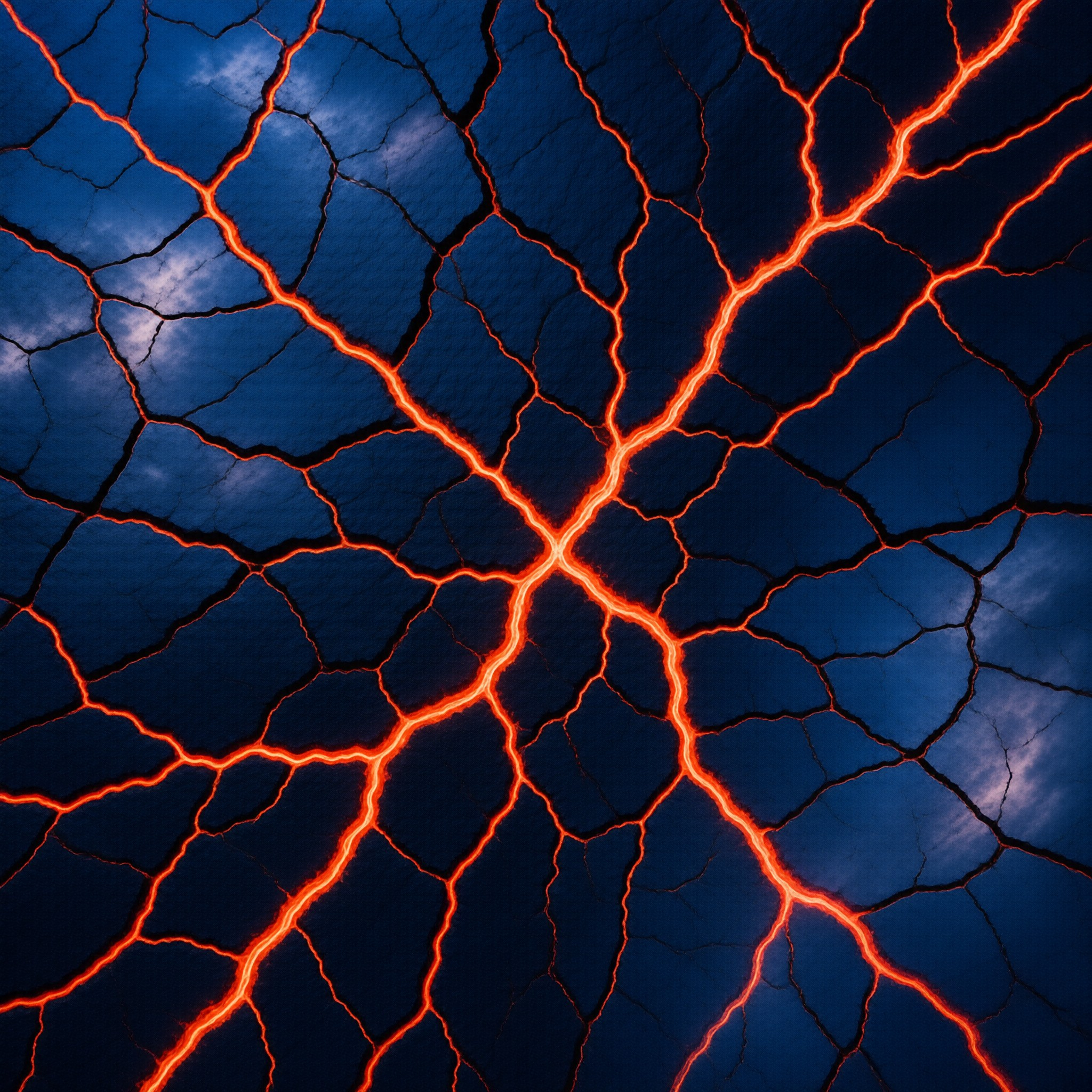 Deep blue cracked earth reveals bright orange molten lava glowing through jagged fissures in a network pattern.