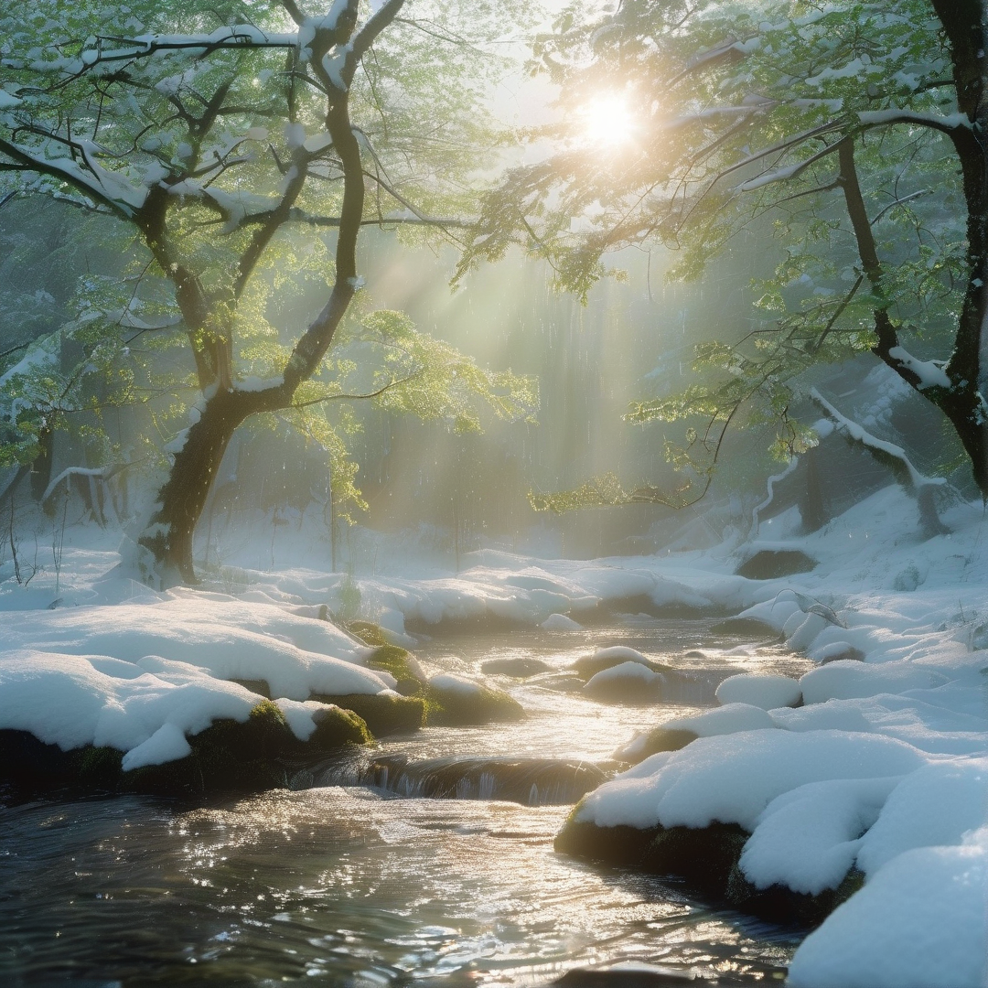 Sunlit Snowy Forest Stream