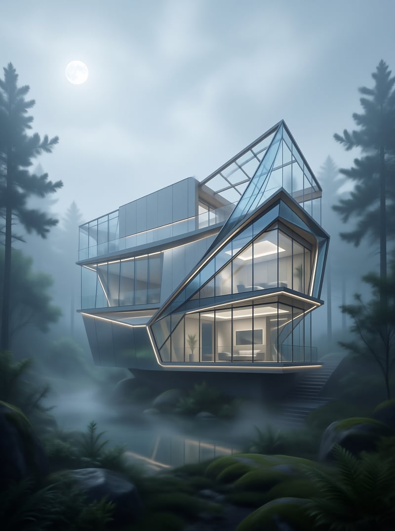 Modern Glass House in Misty Forest