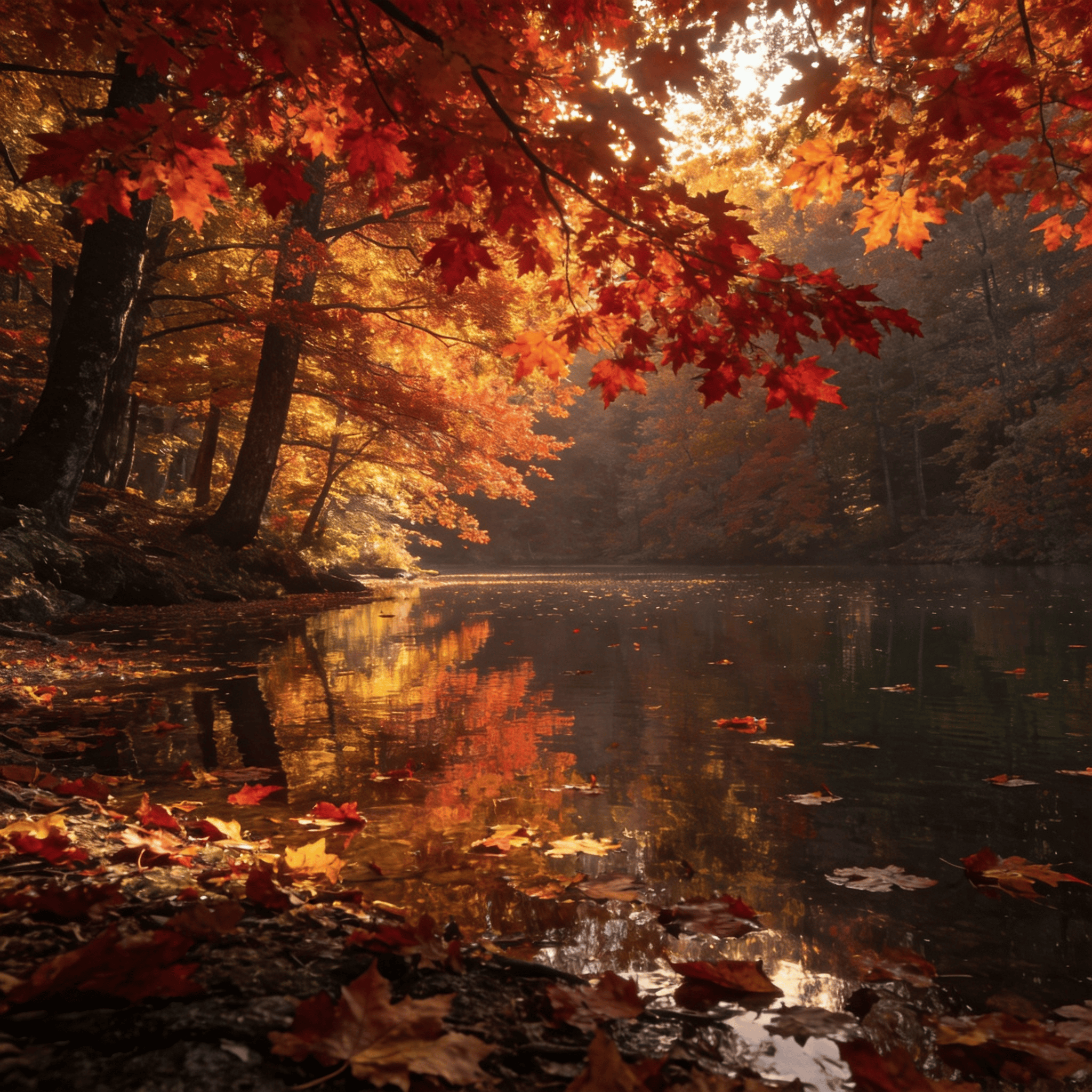 Red Maple Canopy Over a Calm Lake