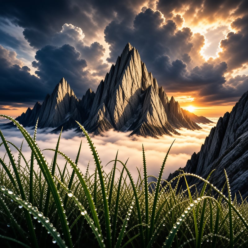 Jagged grey mountain summits tower over a glowing sea of clouds as the setting sun spills gold light across dewy grass.