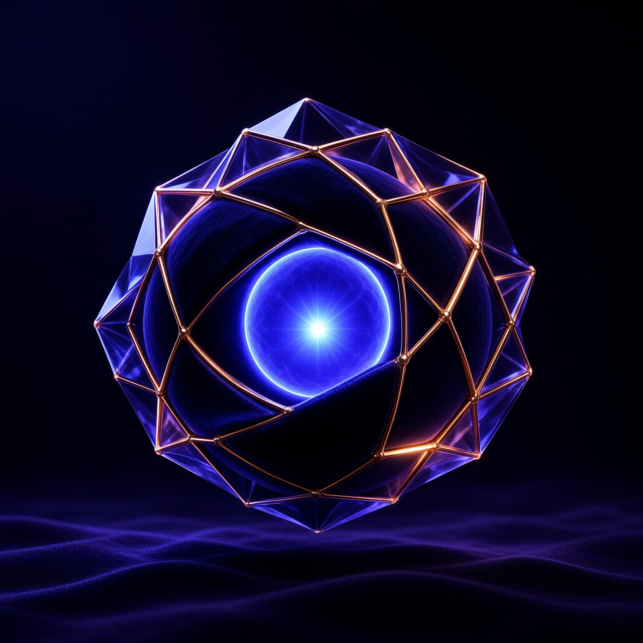 Futuristic translucent polyhedron with copper edges encasing bright blue sphere