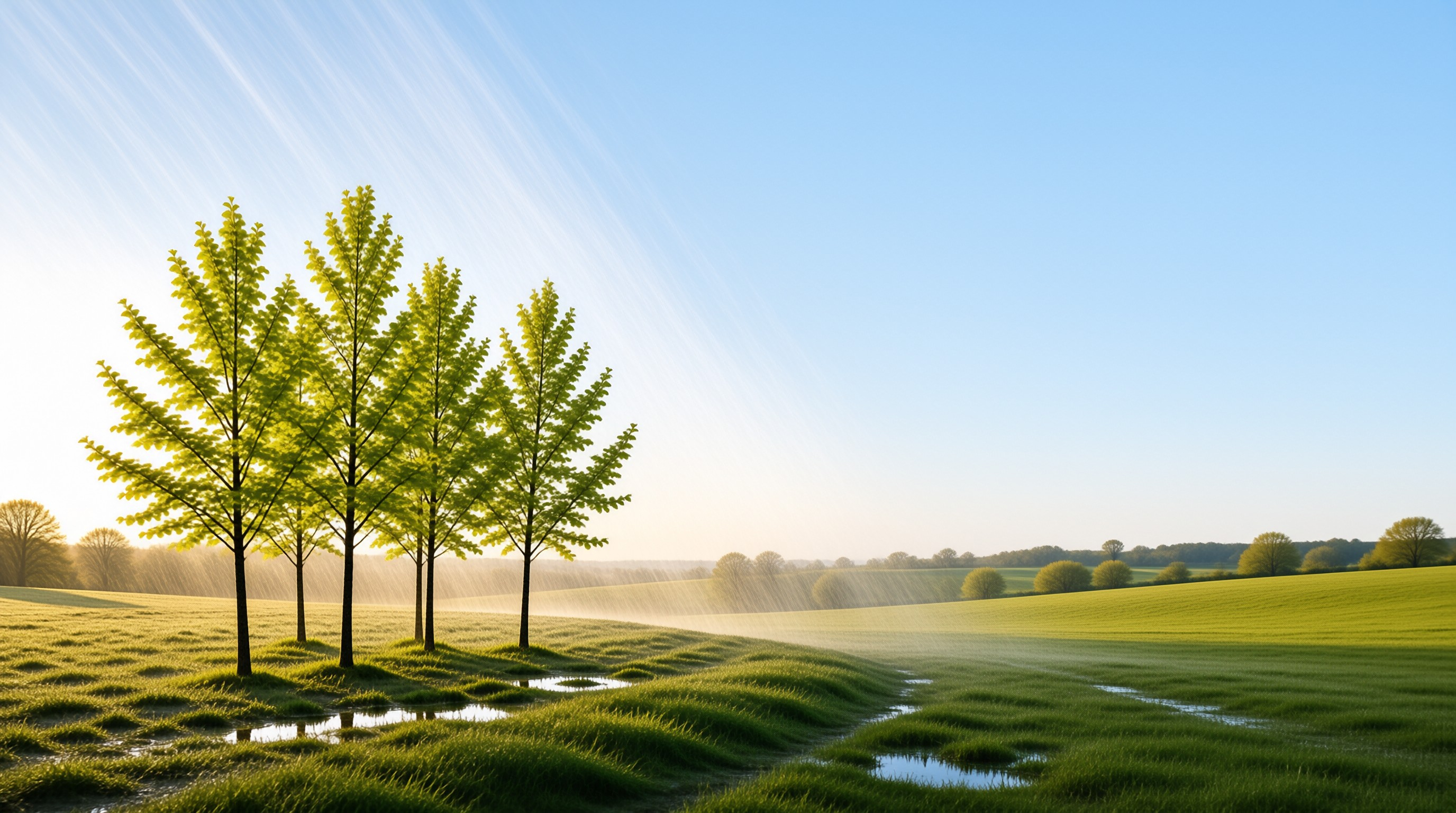 A group of young oak saplings stands on misty grass fields as morning sun beams over hazy hills, puddles reflect light.