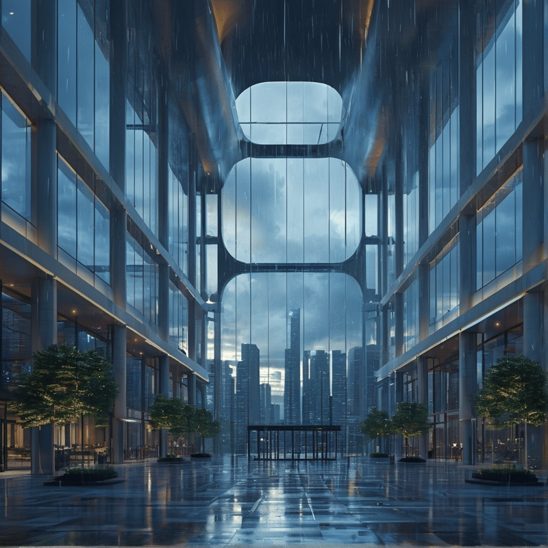 Symmetrical glass walls frame a distant city skyline under a rainy twilight sky.