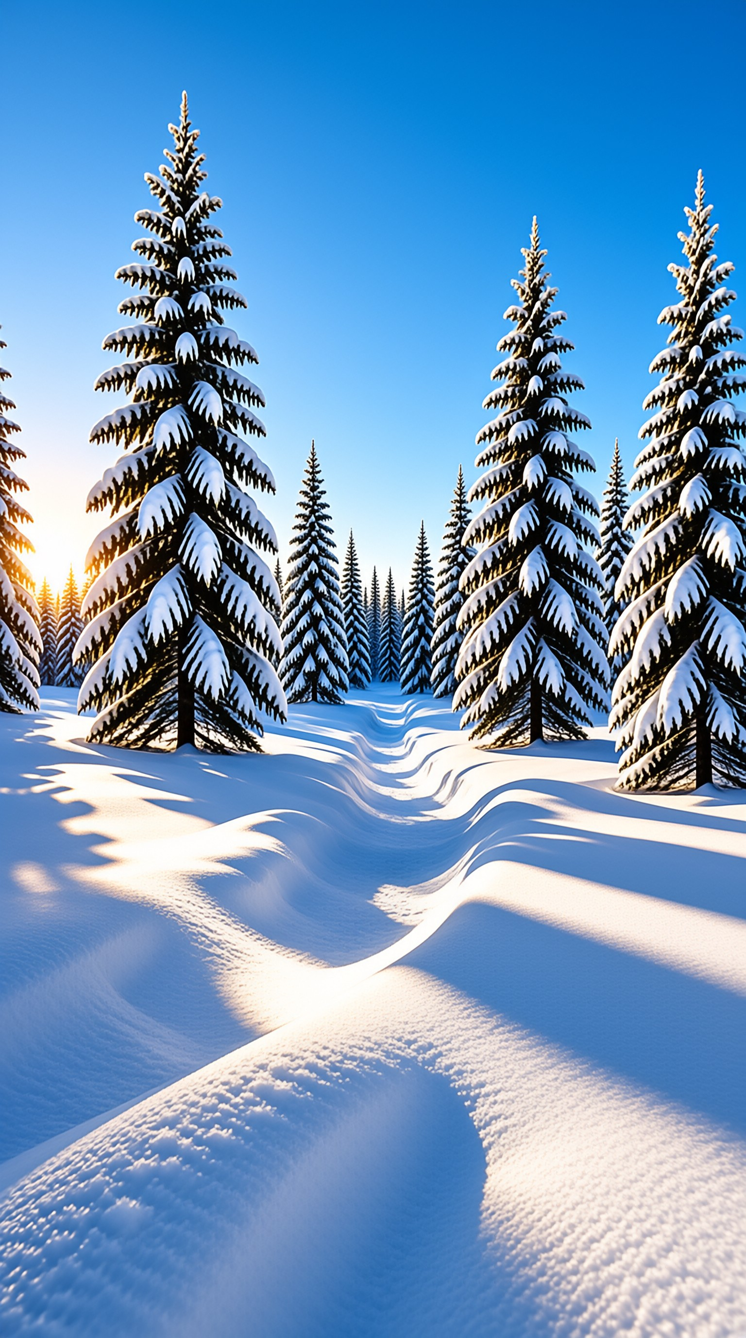 Sunlit Snowy Conifer Forest