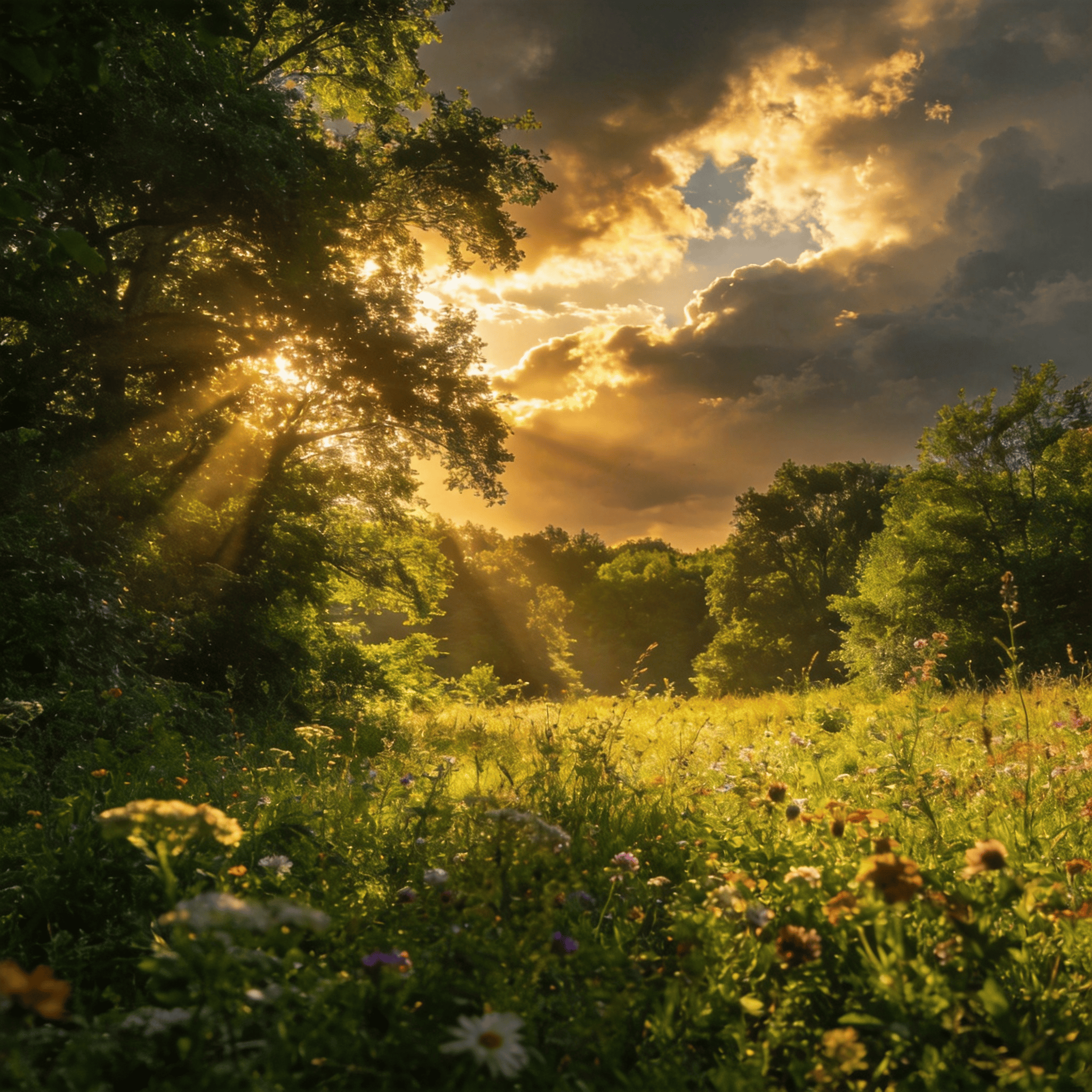 Summer Golden Hour Meadow — Sunbeams and Wildflowers