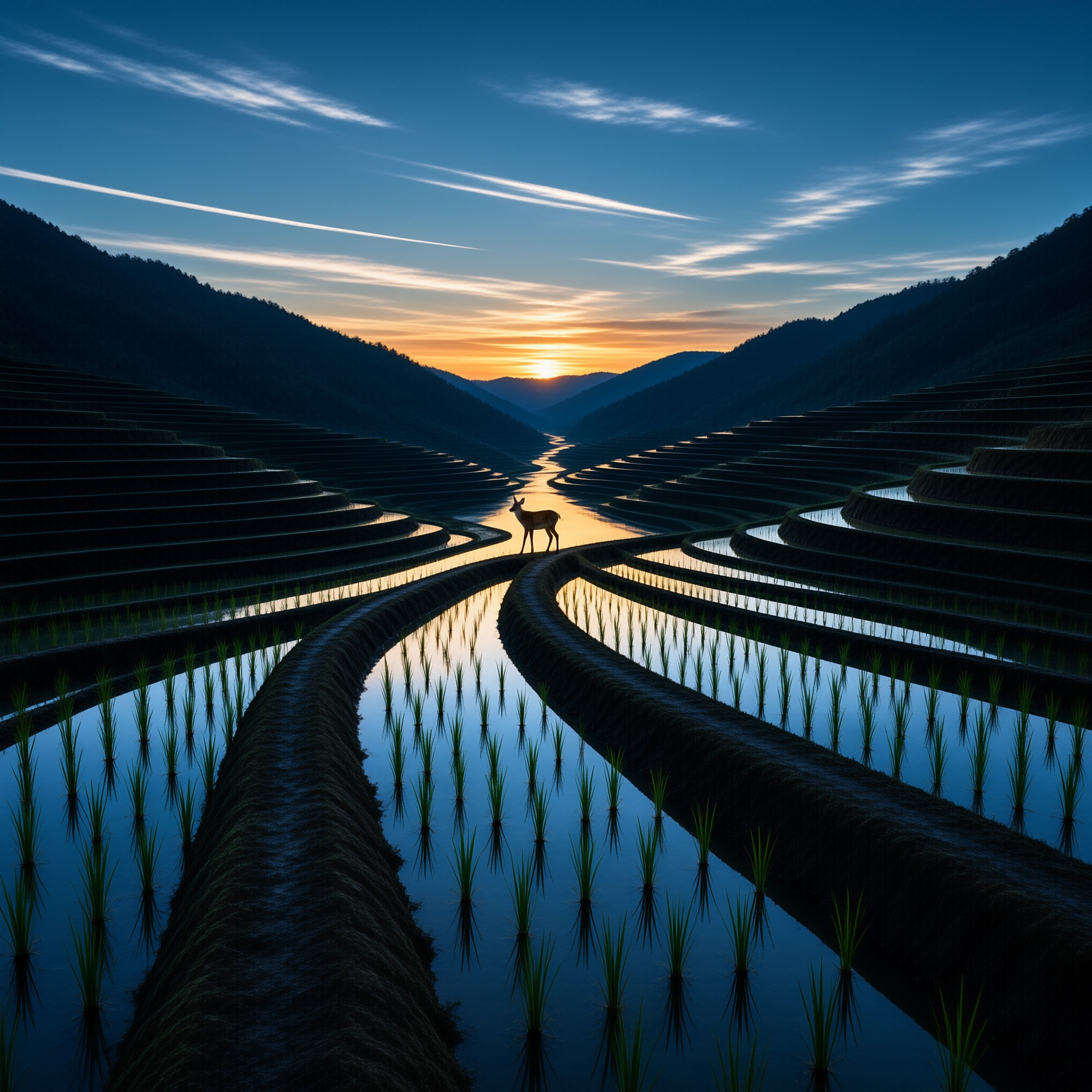 A deer stands on a terraced rice field ridge as the setting sun lights the horizon between two dark forested mountains.
