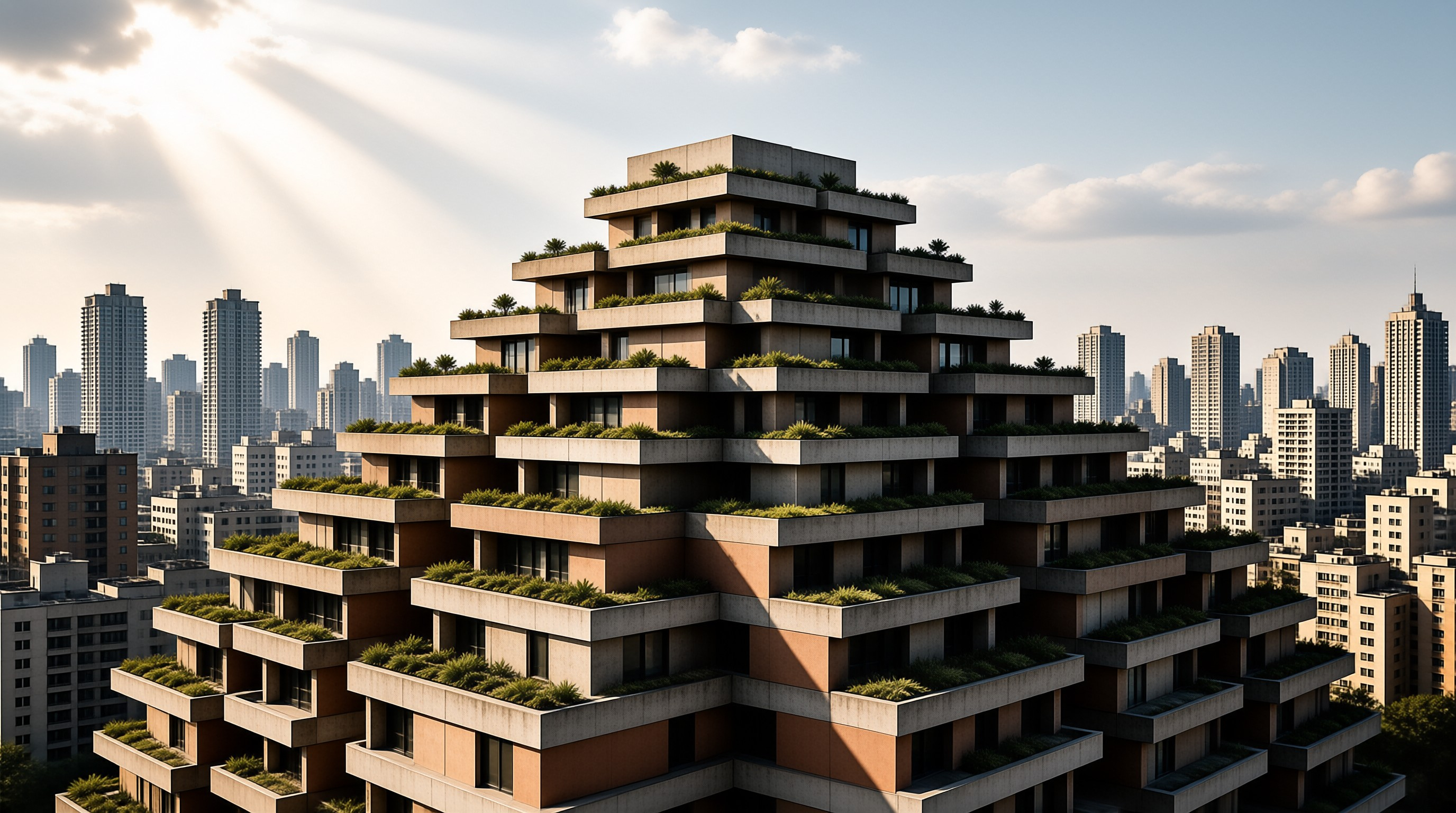 Layered building with lush vegetation on every level stands against urban backdrop as sunlight filters through clouds.