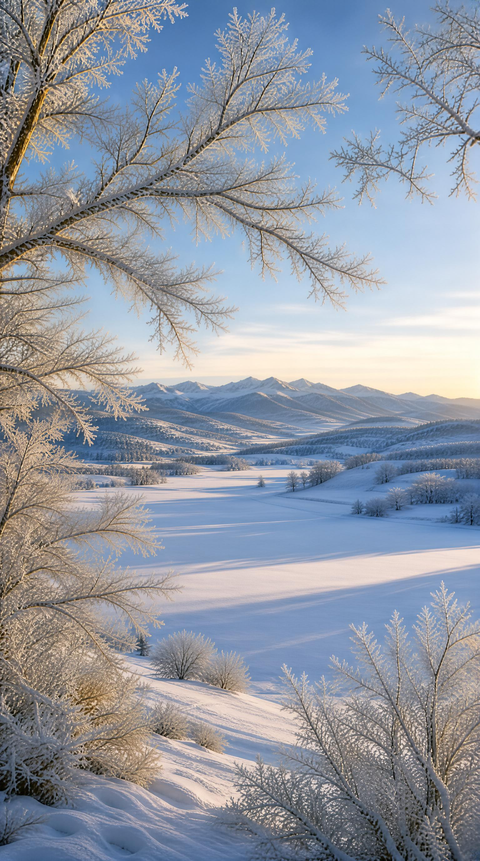 Winter Snowy Landscape with Frosty Trees