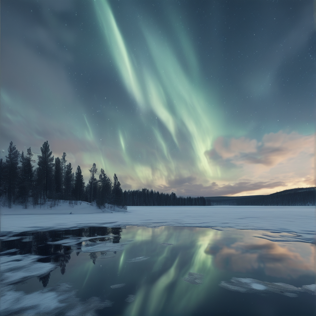 Green auroras light a starry sky over a snowy forest and frozen lake reflecting the celestial glow.