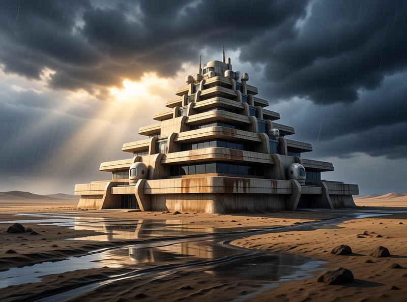 A ziggurat-like concrete building rises from wet desert sand as rain clouds break open into golden sun rays.