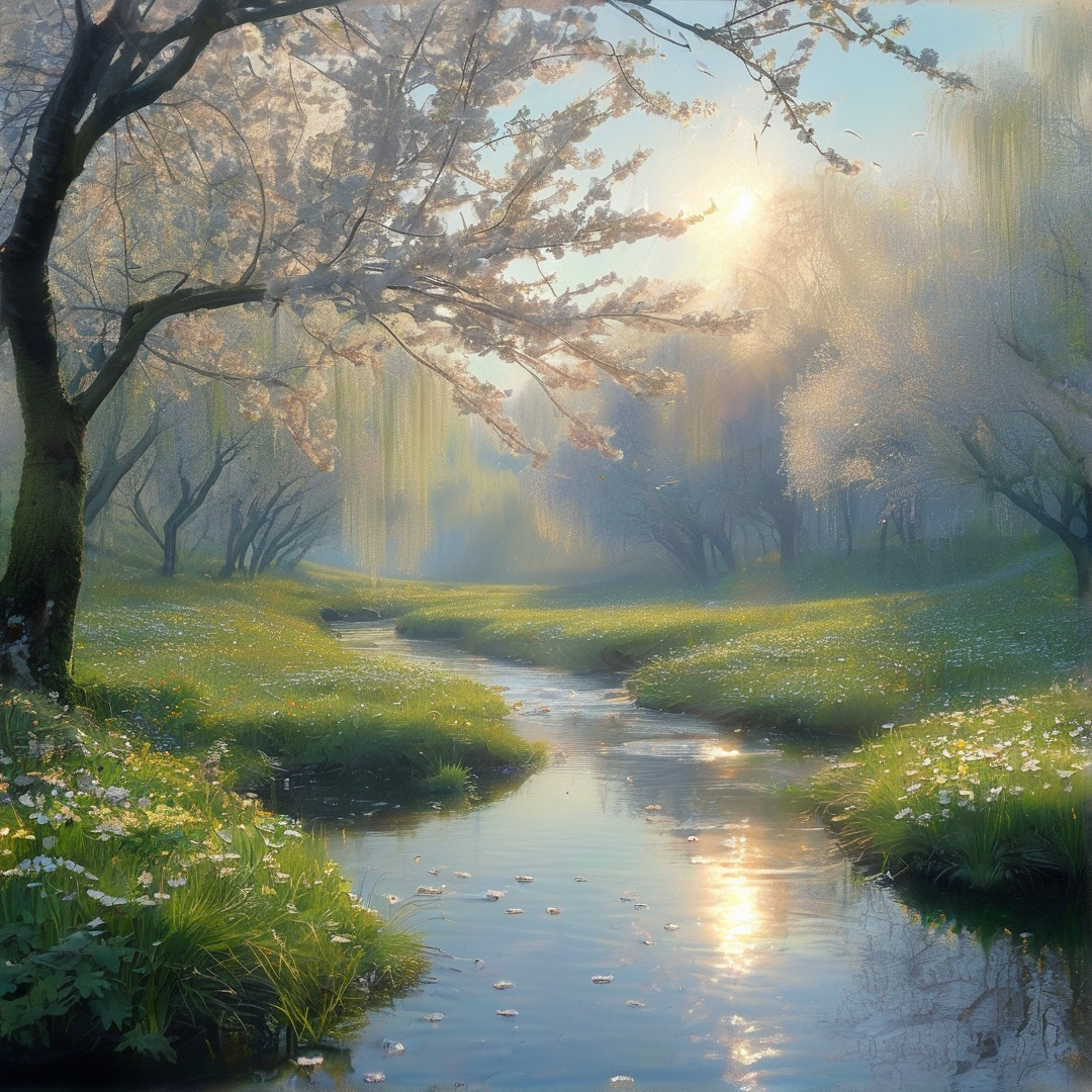 A winding stream curves through grassy banks under blooming cherry branches while morning sunlight breaks through drifting mist.