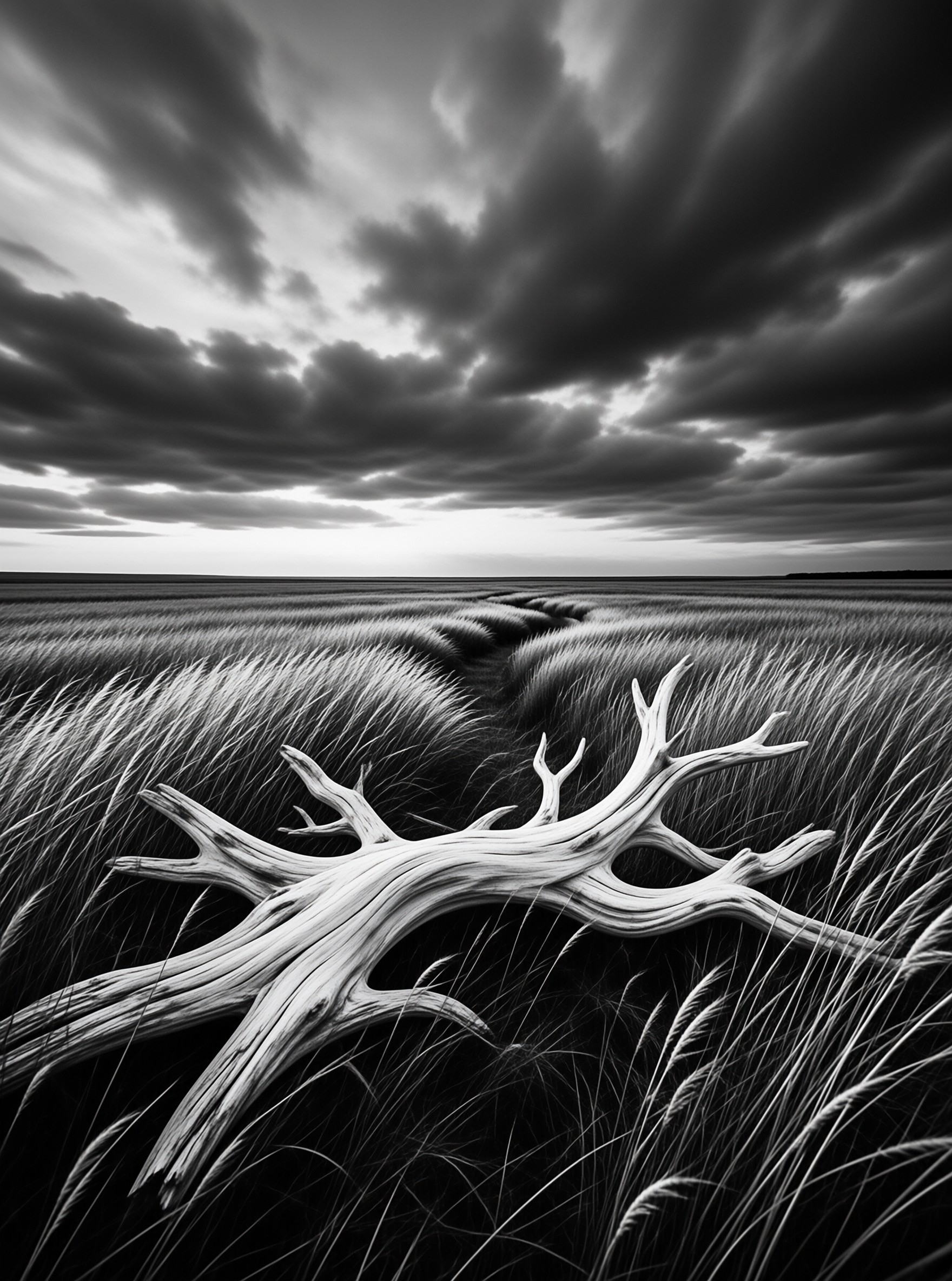 A pale weathered tree branch lies across rippling marram grass under a brooding black and white sky.