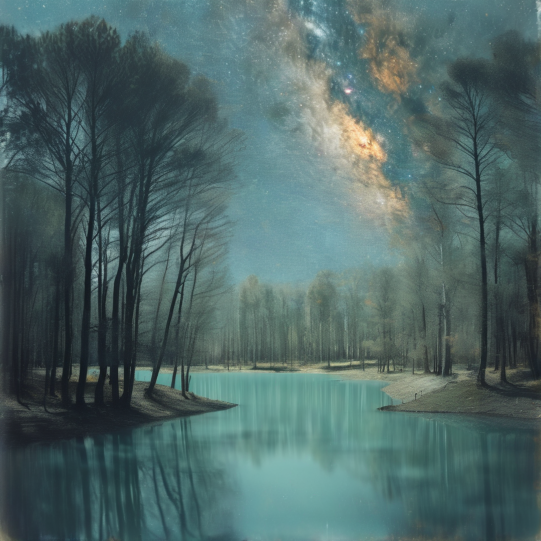 Dark pines border the calm turquoise lake that mirrors the starry sky with the Milky Way glowing over the distant forest.
