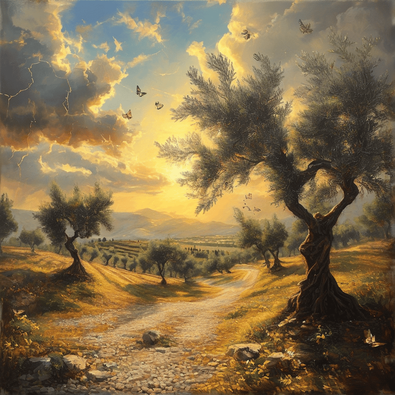 A winding dirt path leads through an olive grove bathed in warm golden sunlight with clouds overhead.