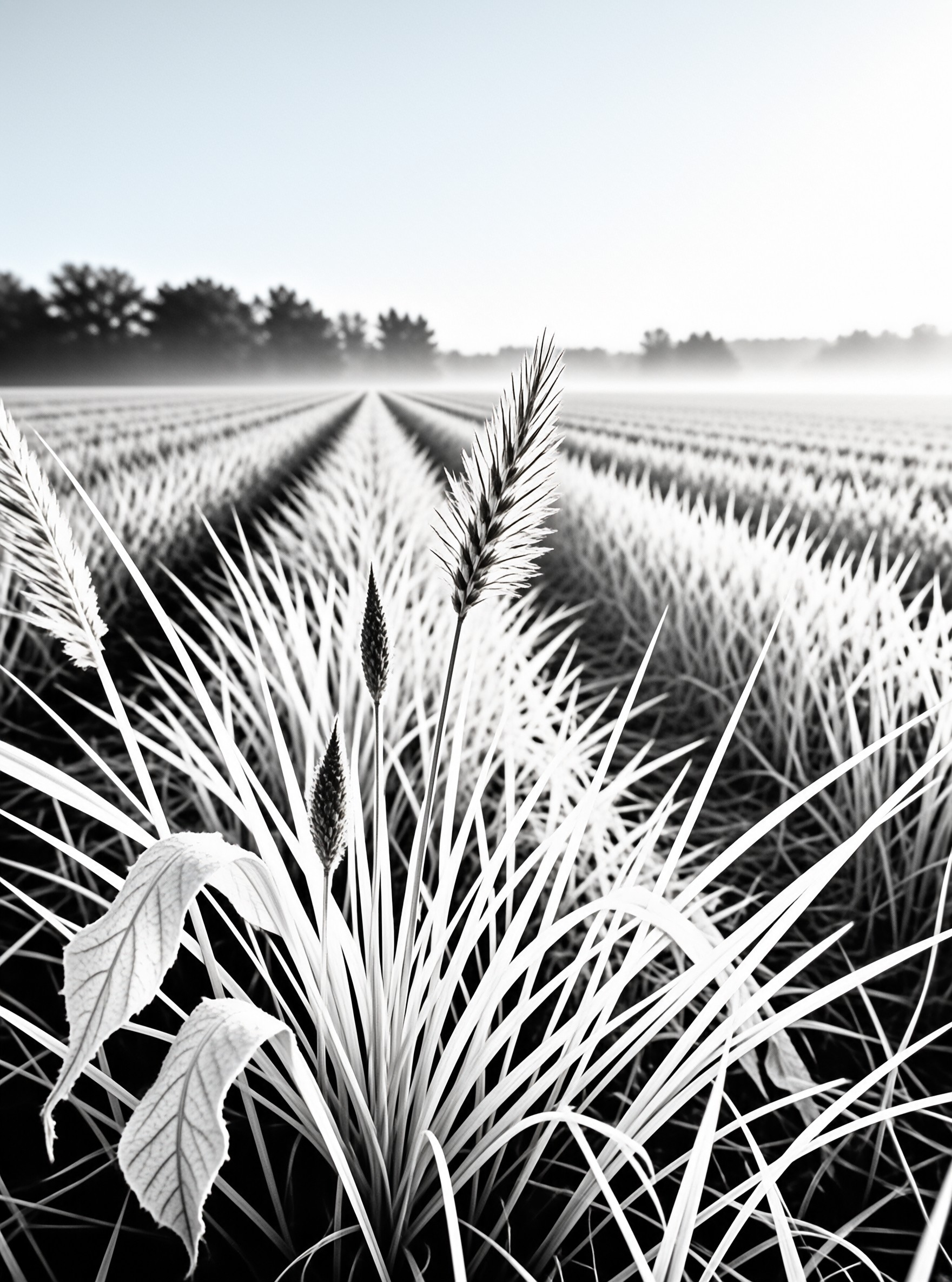 A black and white view of tall grasses in the foreground looking across misty agricultural rows toward a distant tree line.