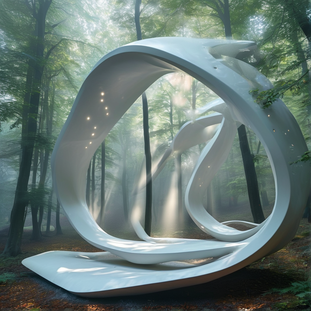 A large white twisted sculpture sits in a misty forest with sunlight filtering through the trees and small lights embedded in its surface.
