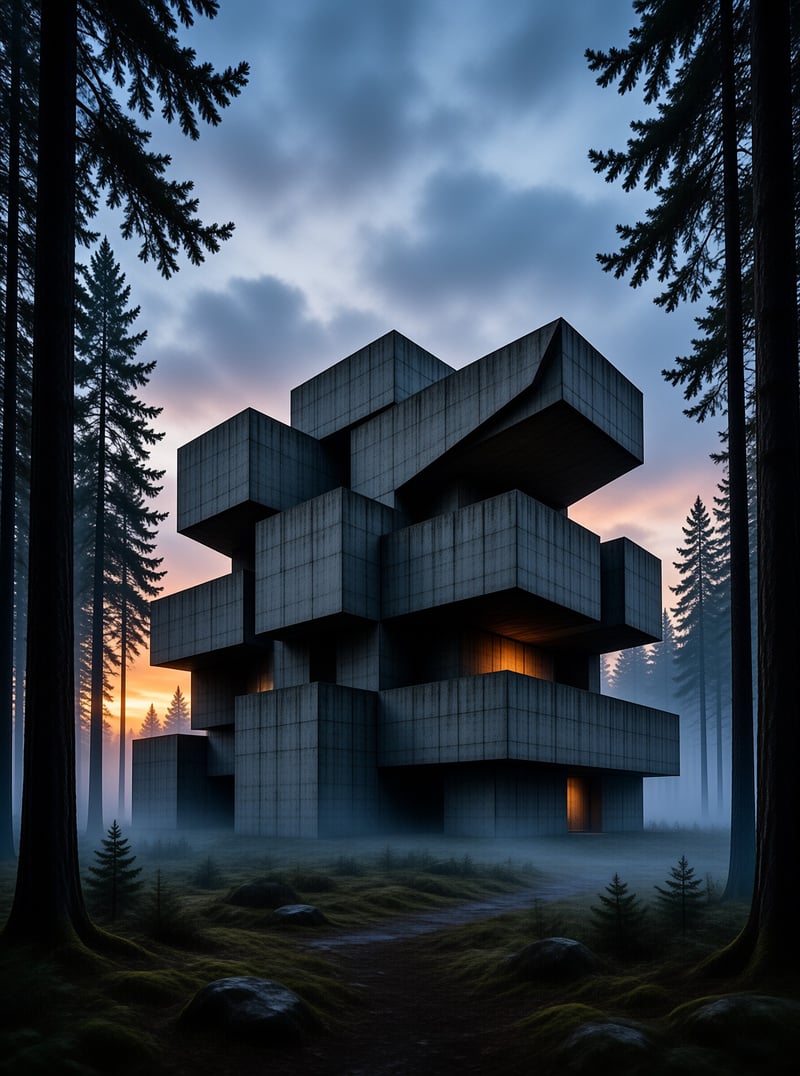 Large concrete blocks stacked into a building stand amidst tall evergreen trees with warm light glowing from within.