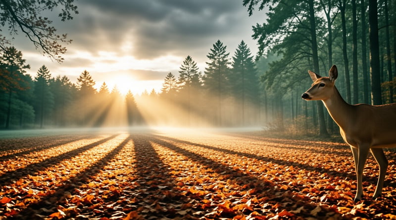 A white-tailed deer stands on a bed of golden autumn leaves while sunbeams cut through the foggy forest trees.