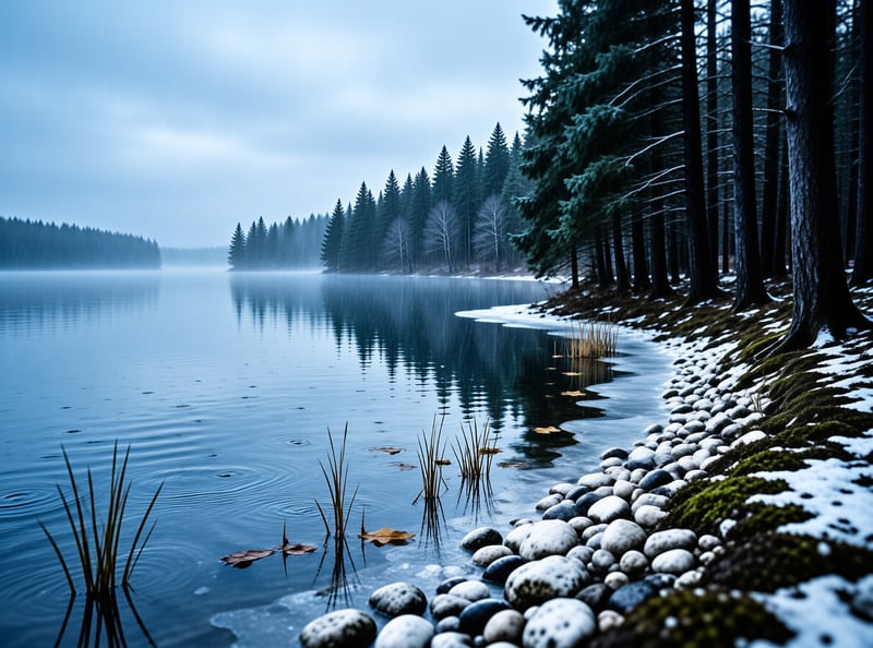 Calm water reflects a dense pine forest under a foggy sky while snow covers the mossy rocks along the right bank.