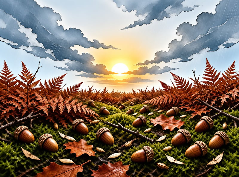 Brown acorns and twigs lie on green moss with orange ferns under a bright setting sun and dramatic clouds.
