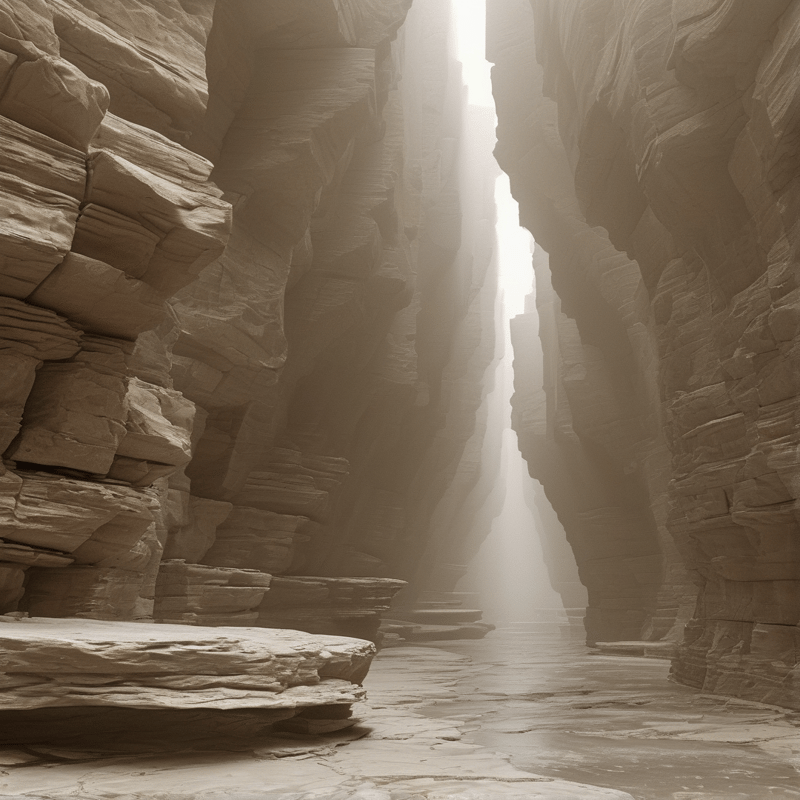Tall layers of tan rock form a narrow vertical corridor where a bright beam of white light shines down through the opening above.