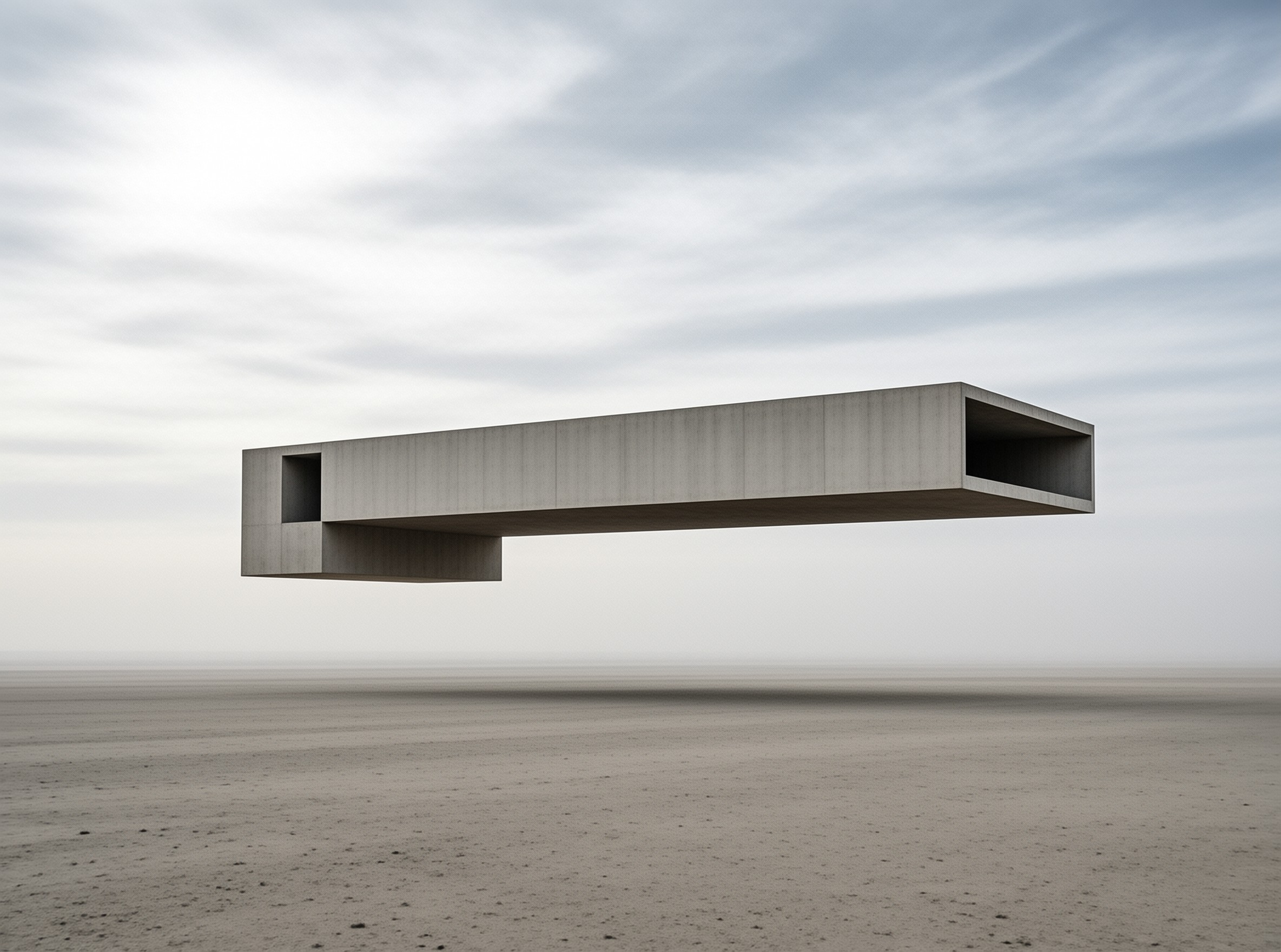 A large gray concrete rectangular structure with cutouts floats above a vast flat sandy landscape under a cloudy sky.