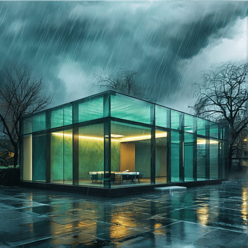 A transparent glass building glows with warm interior light while heavy rain falls on the wet pavement outside.