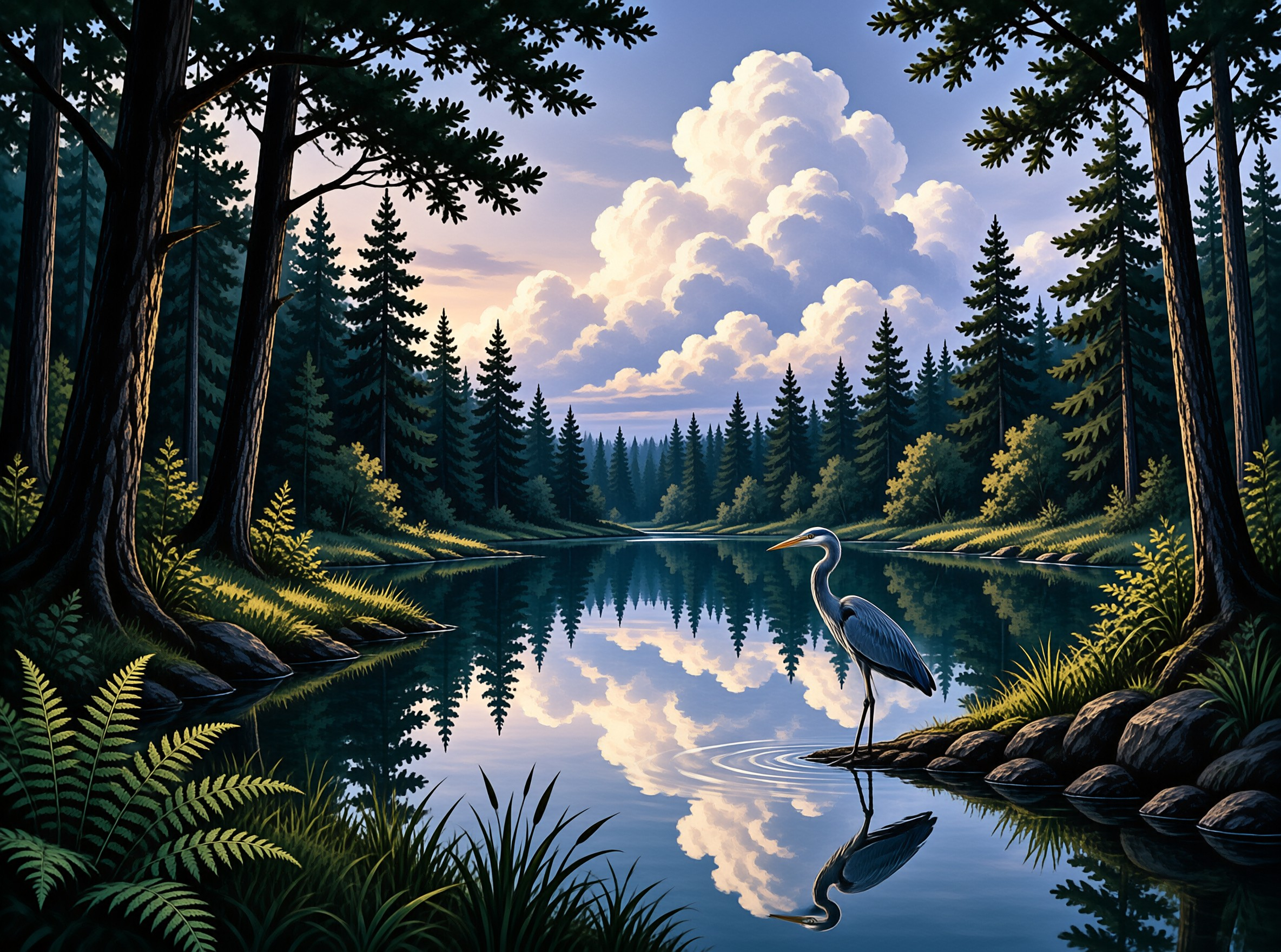 A grey heron stands on a rock by a calm lake surrounded by tall evergreen trees reflecting the sky and clouds.