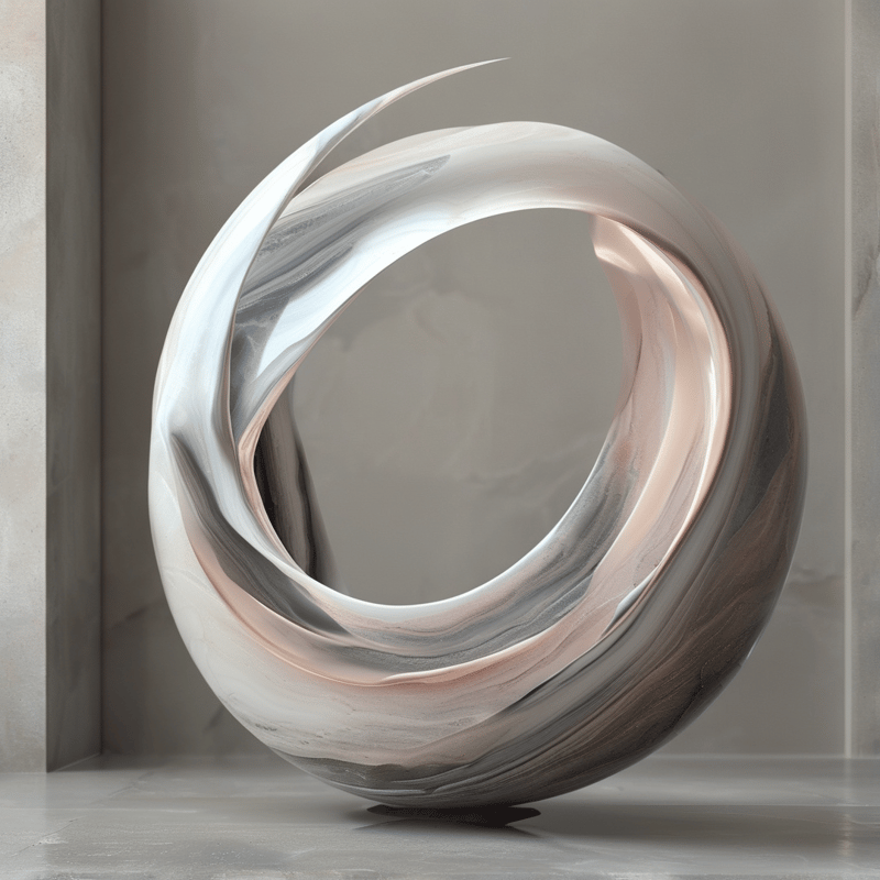 A glossy twisted ring sculpture with marbled white and rose gold tones sits on a floor against a neutral wall.