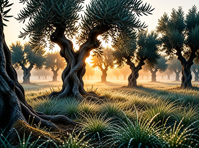 Twisted dark trunks of mature olive trees stand in dewy grass as the sun breaks through a hazy dawn.