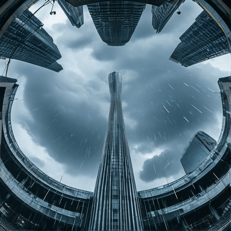 A tall slender skyscraper stands vertically in the center of the frame surrounded by other high-rise buildings that curve around the edges under a dark cloudy sky with visible rain streaks falling through the scene.