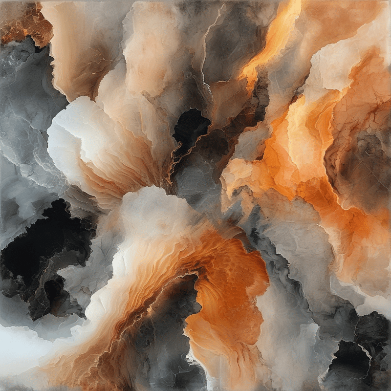 Abstract painting with swirling orange and beige layers mixing into dark grey and black organic shapes.