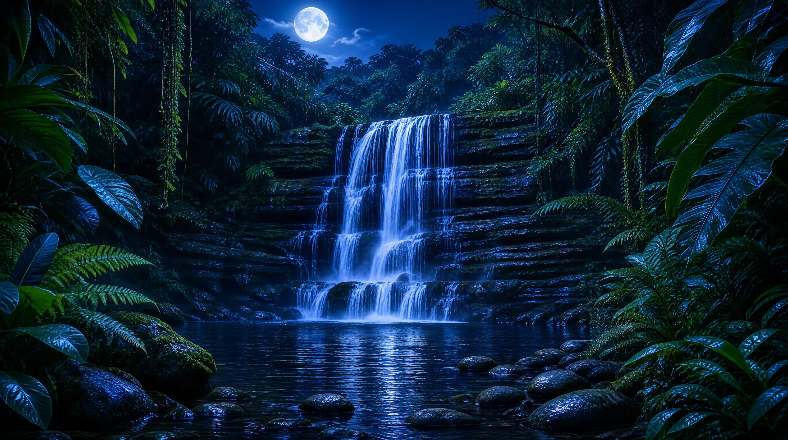 Moonlit Tropical Waterfall