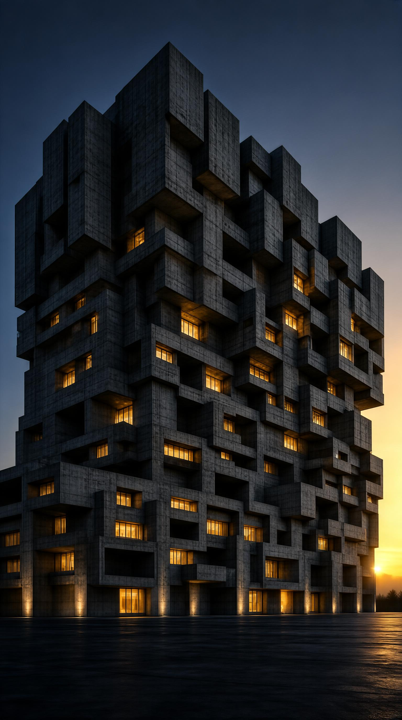 Modern Cubic Concrete Building at Dusk