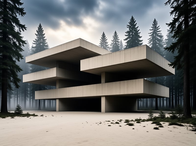 Brutalist House in Foggy Woods