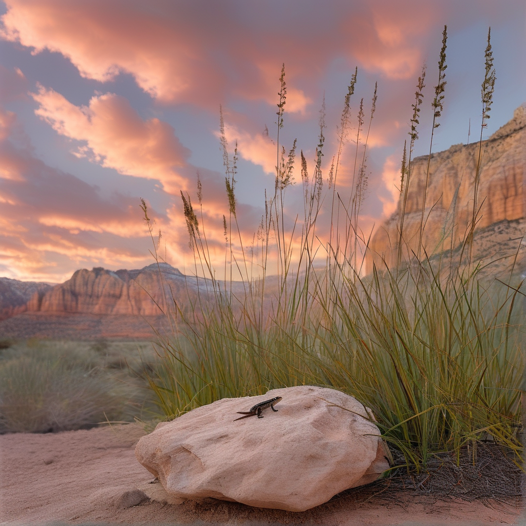 A small dark lizard rests on a smooth beige stone surrounded by tall grasses while dramatic pink clouds fill the sky above distant red rock formations.