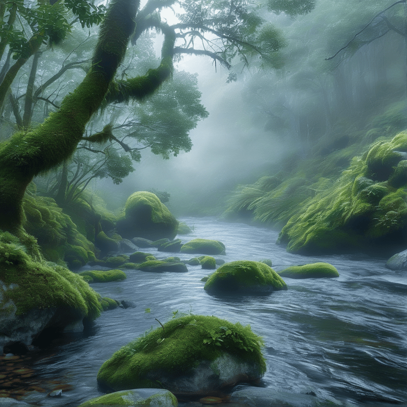 Misty Mossy Forest Stream