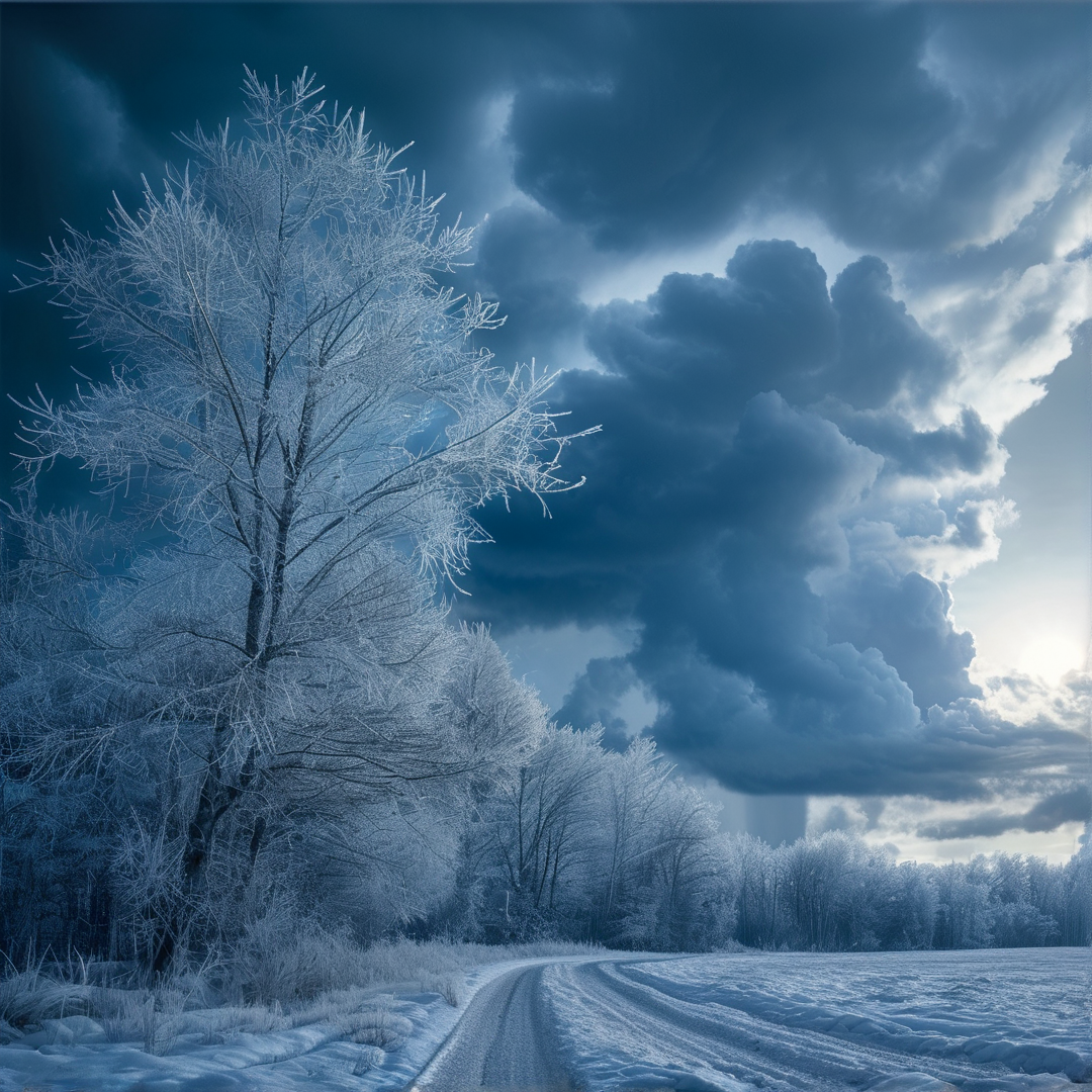 A snow-covered road winds past frost-laden trees under a moody, dark blue sky filled with heavy clouds.