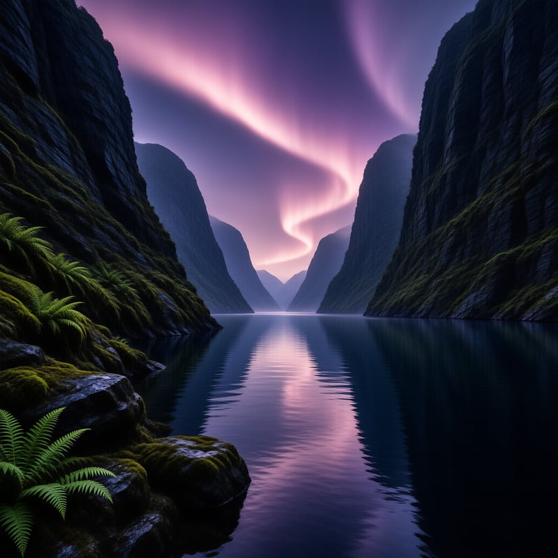 Pink Aurora over Calm Fjord