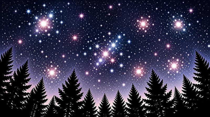 Black pine tree silhouettes line the bottom of a blue and pink starry night sky dotted with bright glowing stars.