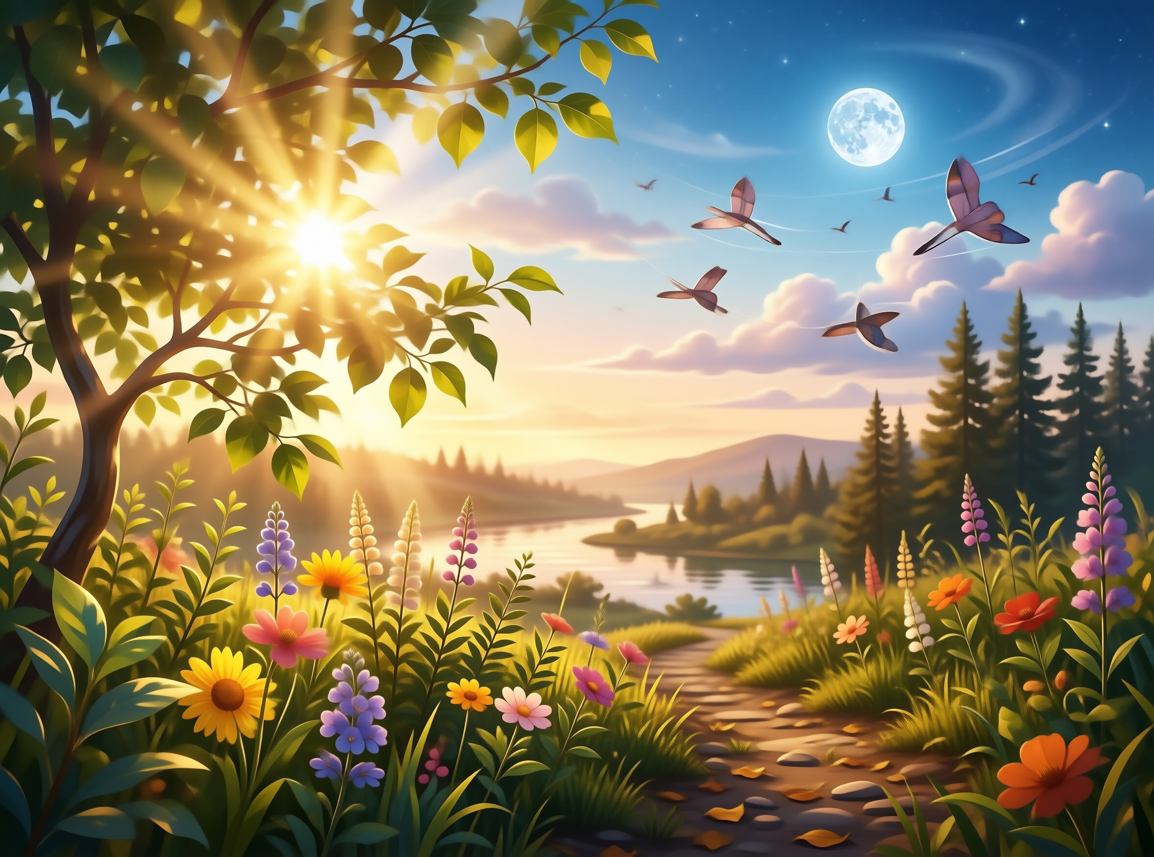 Sunset Meadow with Moon