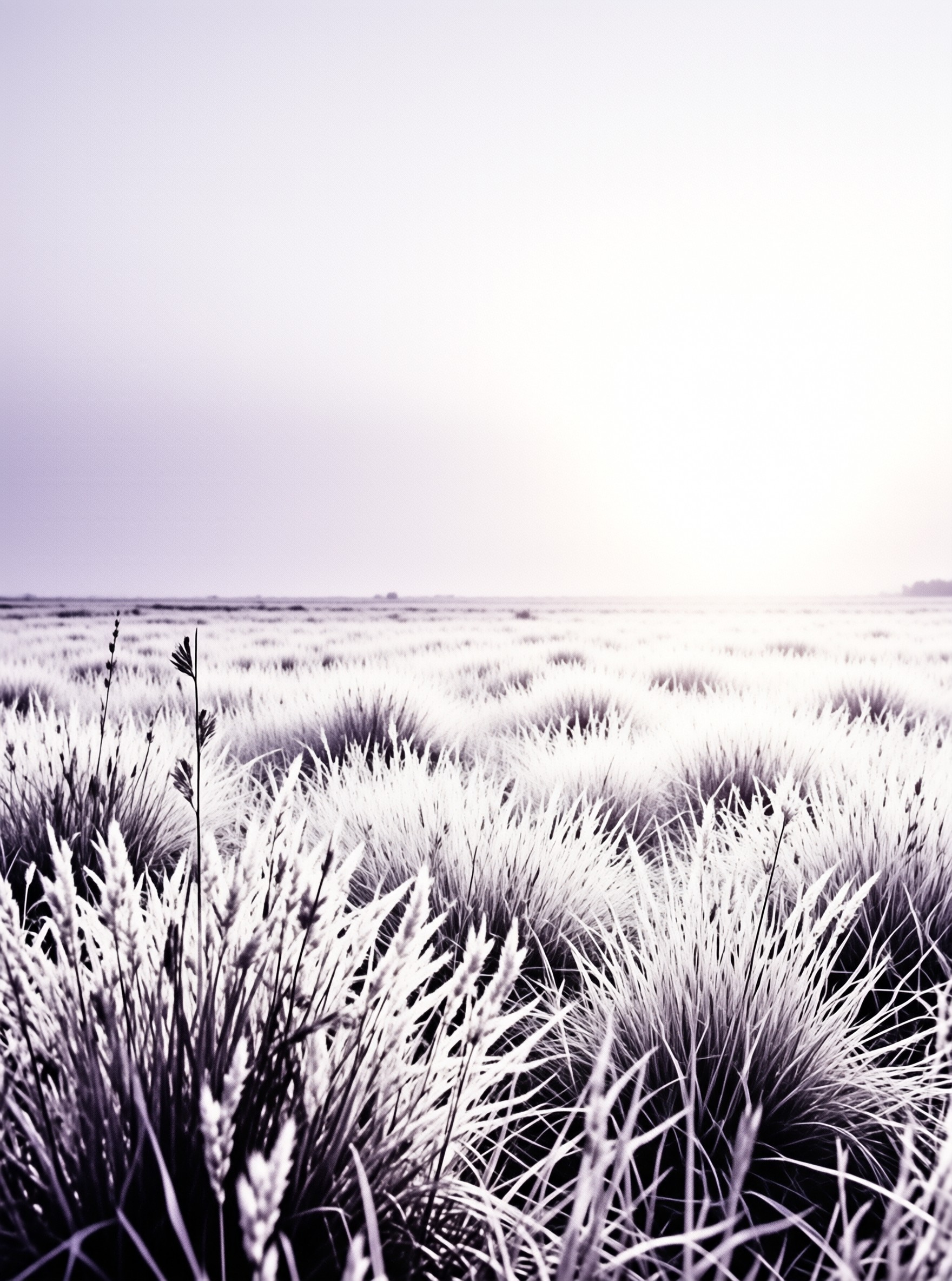 Pale silver tussock grass fields stretch to the hazy low light horizon under an overcast pale lavender toned sky.