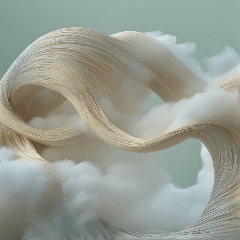 A smooth beige ribbon of layered material winds through fluffy white forms against a pale green sky.