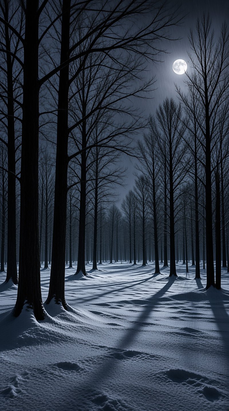 Bare winter trees stand in a snow-covered forest at night, their long shadows stretching toward a bright full moon.