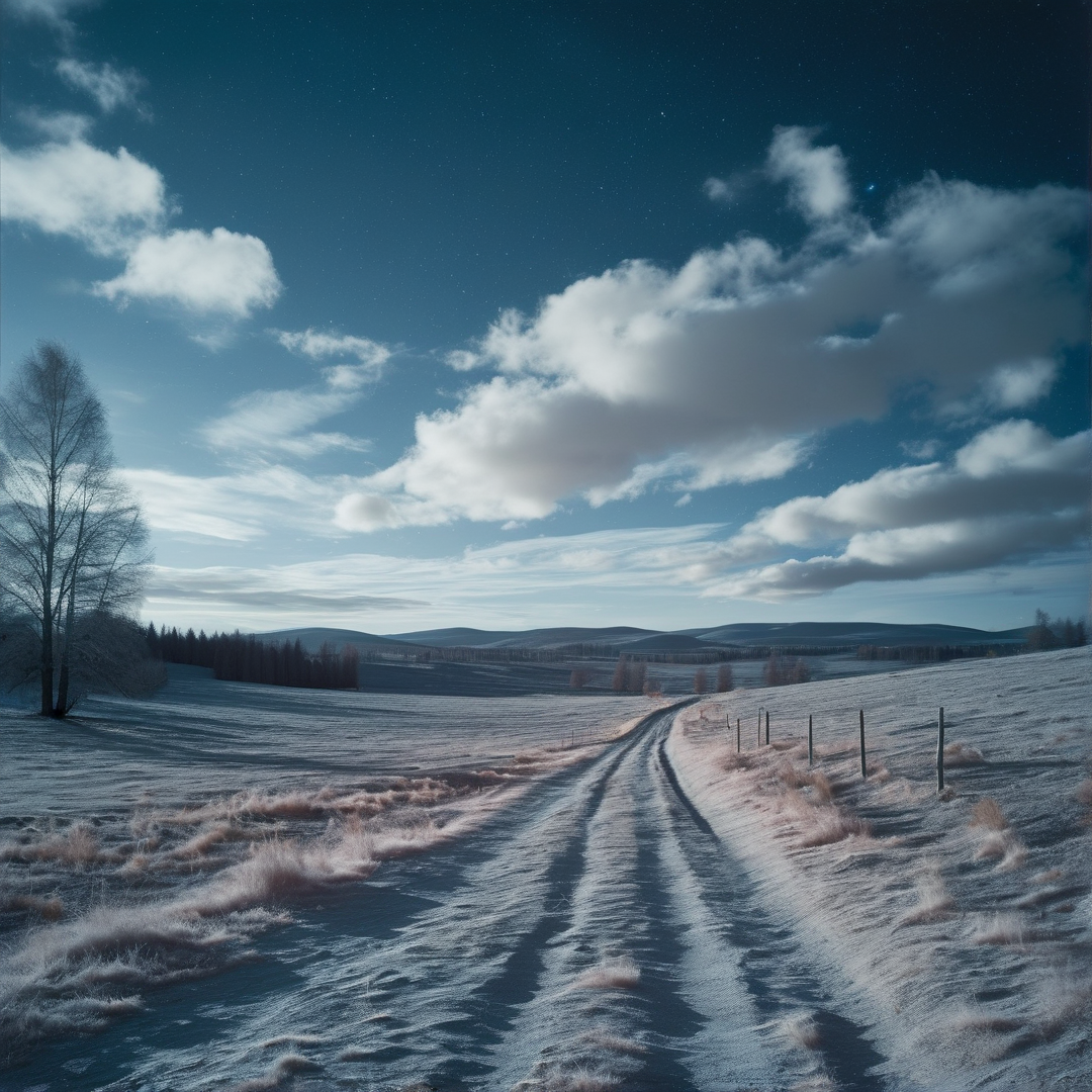 A dirt track curves away into a vast frozen field while white clouds drift across a deep blue sky filled with visible stars.