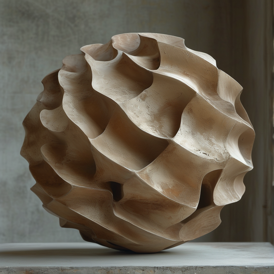 A large beige sculpture with an undulating cellular surface sits on a shelf against a plain wall. Soft light highlights the texture of the organic form which resembles a cluster of bubbles or dried pods in a minimalist setting.