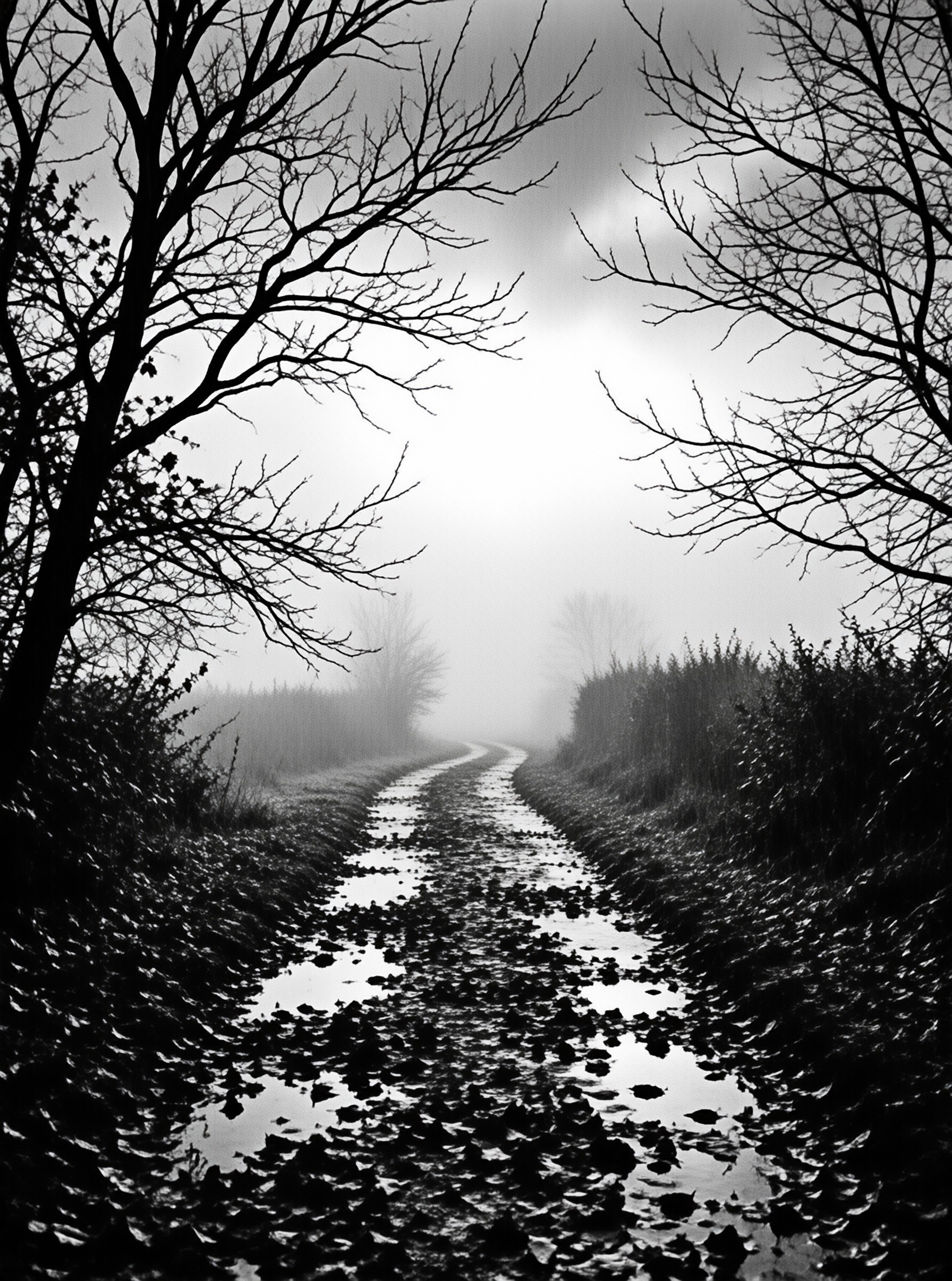 A wet leaf covered path disappears into dense fog surrounded by bare winter trees in a monochromatic landscape.