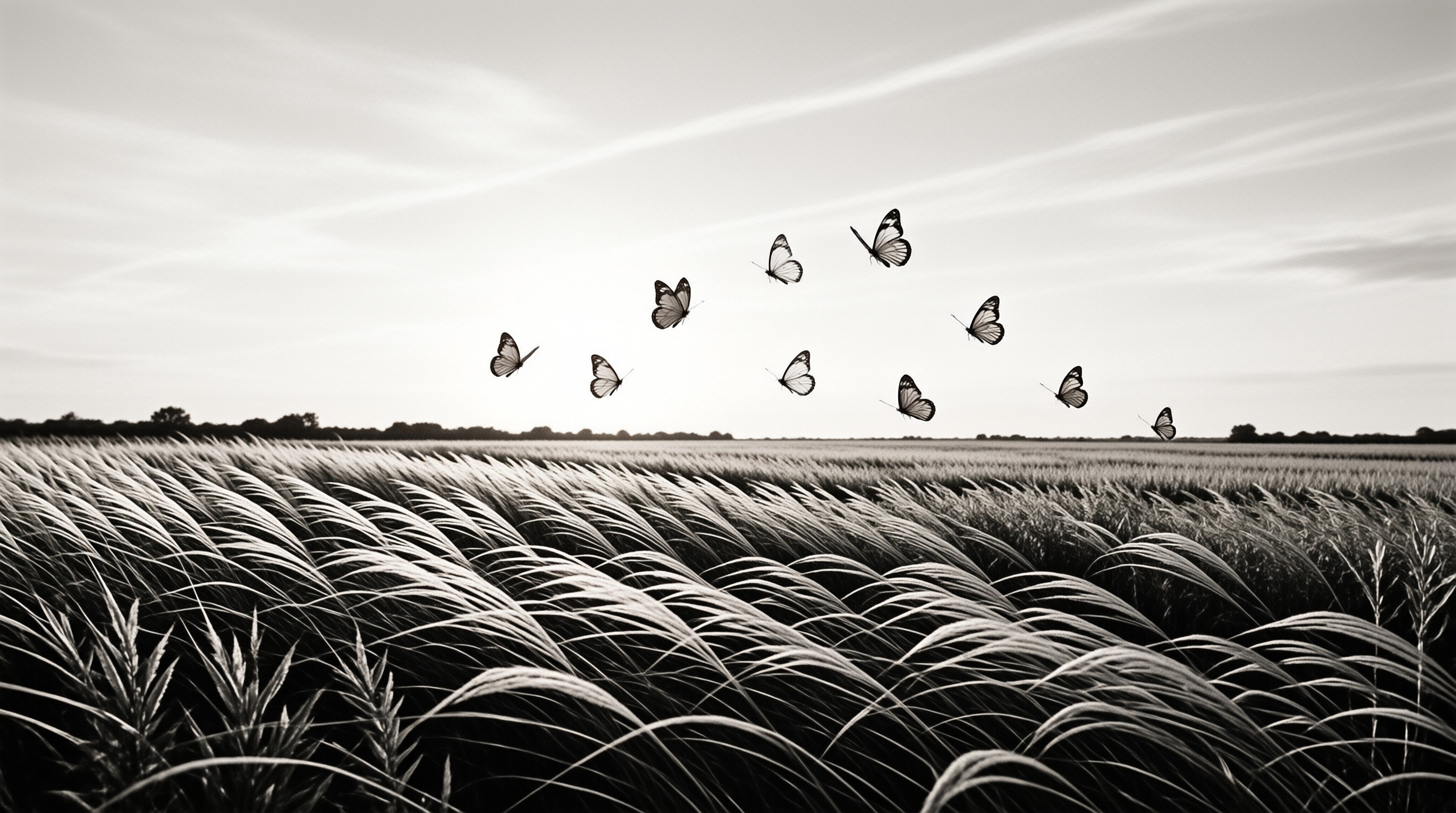 A loose flock of butterflies drifts above tall grass bending in the wind in monochrome