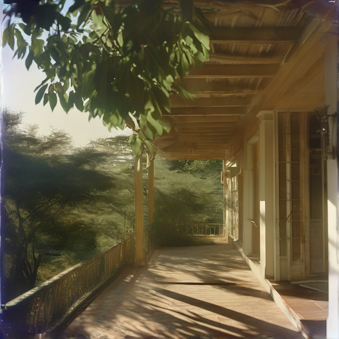 A shaded wooden veranda runs alongside sunlit savanna trees, with dappled light falling across its worn wooden flooring.